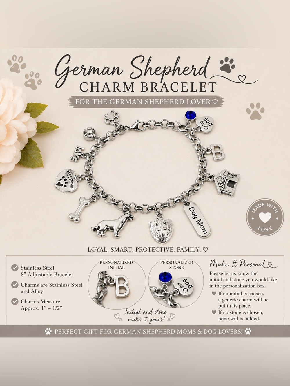 German Shepard Charm Bracelet Dog